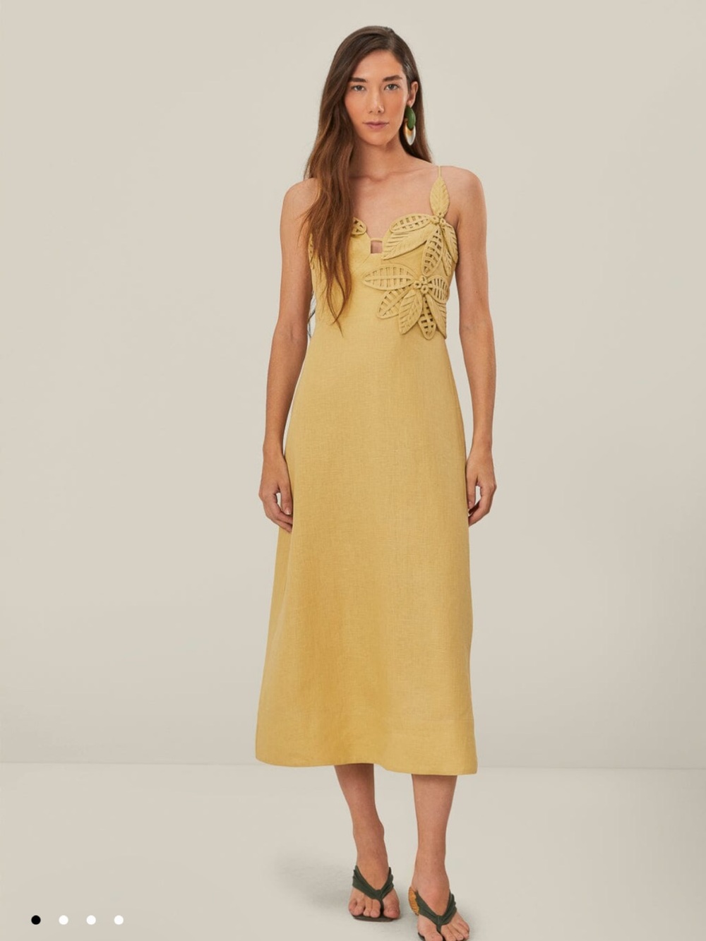 Farm Rio Tan/Yellow Leaf-Appliqué Slip Dress